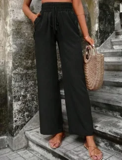 Online Women's Cotton Linen Shorts Linen-Inspired Pants Cotton Linen Pants Fashion Streetwear Comfort Full Length High Waist Plain Drawstring Elastic Waist Straight Leg Comfy Outdoor Comfortable Street Women Pants