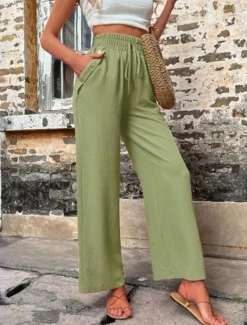 Online Women's Cotton Linen Shorts Linen-Inspired Pants Cotton Linen Pants Fashion Streetwear Comfort Full Length High Waist Plain Drawstring Elastic Waist Straight Leg Comfy Outdoor Comfortable Street Women Pants