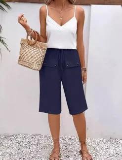 Outlet Women's Cotton Linen Shorts Shorts Casual Daily Knee Length Plain Pocket Drawstring Breathability Comfortable Inelastic Weekend Black Navy Blue Blue Beige Summer Regular Fit Women Pants
