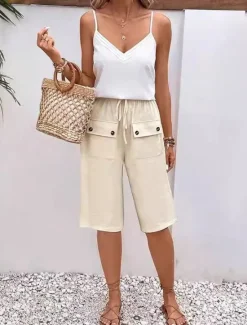 Outlet Women's Cotton Linen Shorts Shorts Casual Daily Knee Length Plain Pocket Drawstring Breathability Comfortable Inelastic Weekend Black Navy Blue Blue Beige Summer Regular Fit Women Pants