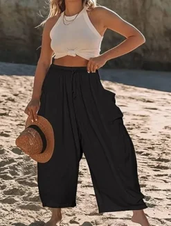New Women's Cotton Linen Shorts Linen-Inspired Pants Cotton Linen Pants Fashion Streetwear Ankle-Length Medium Waist Plain Pocket Elastic Waistband Comfy Soft Comfortable Micro-elastic Outdoor Street Women Pants