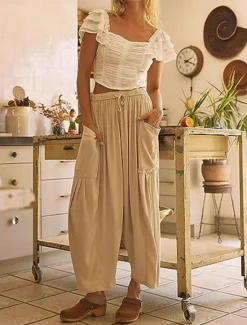 New Women's Cotton Linen Shorts Linen-Inspired Pants Cotton Linen Pants Fashion Streetwear Ankle-Length Medium Waist Plain Pocket Elastic Waistband Comfy Soft Comfortable Micro-elastic Outdoor Street Women Pants