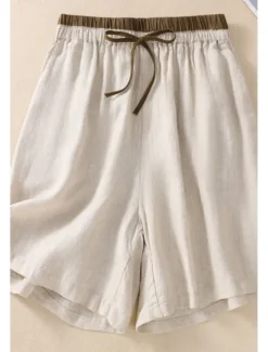 Online Women's Cotton Linen Shorts Shorts Slacks Streetwear Casual Short Natural Color Block Pocket Elastic Drawstring Design Comfy Outdoor Comfortable Outdoor Vacation Apricot Black Yellow Green Summer Women Pants