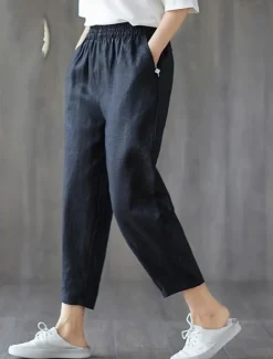 Outlet Women's Cotton Linen Shorts Capri shorts Baggy Pants Streetwear Casual Comfort Capris Mid Waist Plain Pocket Baggy Elastic Drawstring Design Comfort Breathability Soft Micro-elastic Vacation Casual Women Pants