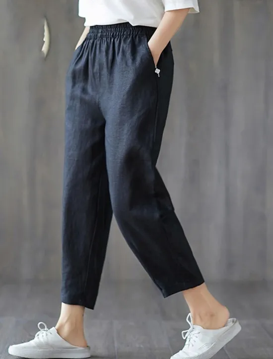 Outlet Women's Cotton Linen Shorts Capri shorts Baggy Pants Streetwear Casual Comfort Capris Mid Waist Plain Pocket Baggy Elastic Drawstring Design Comfort Breathability Soft Micro-elastic Vacation Casual Women Pants