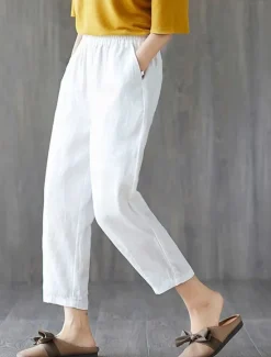 Outlet Women's Cotton Linen Shorts Capri shorts Baggy Pants Streetwear Casual Comfort Capris Mid Waist Plain Pocket Baggy Elastic Drawstring Design Comfort Breathability Soft Micro-elastic Vacation Casual Women Pants