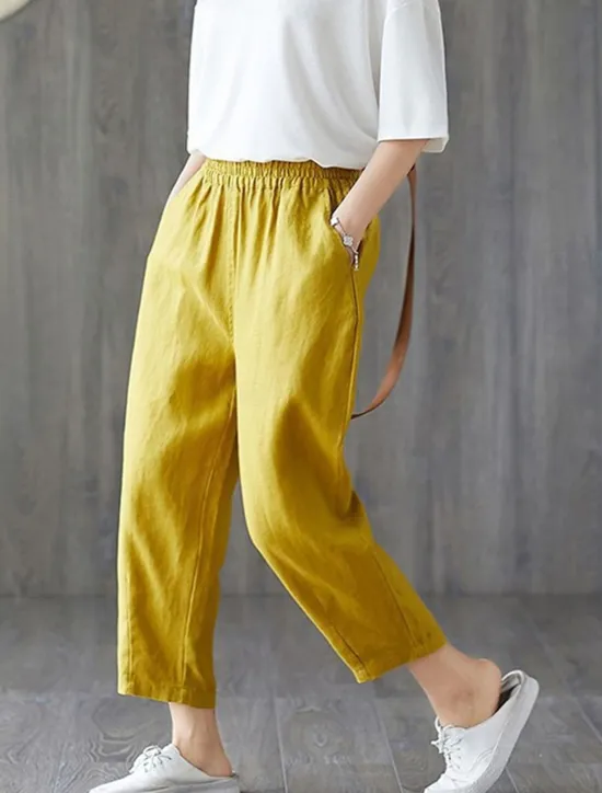 Outlet Women's Cotton Linen Shorts Capri shorts Baggy Pants Streetwear Casual Comfort Capris Mid Waist Plain Pocket Baggy Elastic Drawstring Design Comfort Breathability Soft Micro-elastic Vacation Casual Women Pants