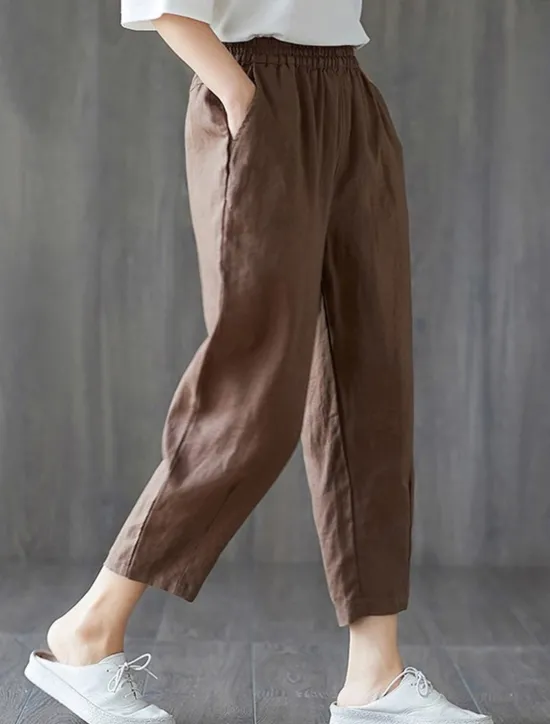Outlet Women's Cotton Linen Shorts Capri shorts Baggy Pants Streetwear Casual Comfort Capris Mid Waist Plain Pocket Baggy Elastic Drawstring Design Comfort Breathability Soft Micro-elastic Vacation Casual Women Pants
