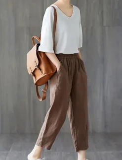 Outlet Women's Cotton Linen Shorts Capri shorts Baggy Pants Streetwear Casual Comfort Capris Mid Waist Plain Pocket Baggy Elastic Drawstring Design Comfort Breathability Soft Micro-elastic Vacation Casual Women Pants