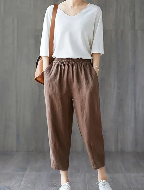 Outlet Women's Cotton Linen Shorts Capri shorts Baggy Pants Streetwear Casual Comfort Capris Mid Waist Plain Pocket Baggy Elastic Drawstring Design Comfort Breathability Soft Micro-elastic Vacation Casual Women Pants