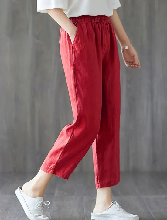Outlet Women's Cotton Linen Shorts Capri shorts Baggy Pants Streetwear Casual Comfort Capris Mid Waist Plain Pocket Baggy Elastic Drawstring Design Comfort Breathability Soft Micro-elastic Vacation Casual Women Pants