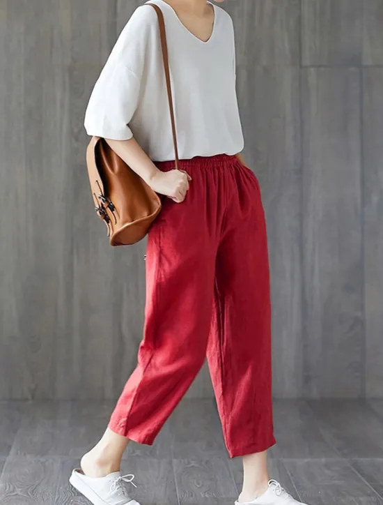 Outlet Women's Cotton Linen Shorts Capri shorts Baggy Pants Streetwear Casual Comfort Capris Mid Waist Plain Pocket Baggy Elastic Drawstring Design Comfort Breathability Soft Micro-elastic Vacation Casual Women Pants