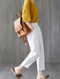 Outlet Women's Cotton Linen Shorts Capri shorts Baggy Pants Streetwear Casual Comfort Capris Mid Waist Plain Pocket Baggy Elastic Drawstring Design Comfort Breathability Soft Micro-elastic Vacation Casual Women Pants