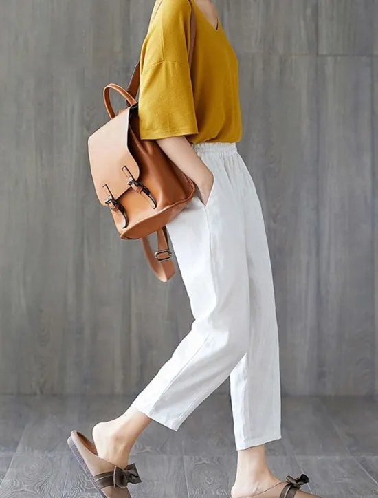 Outlet Women's Cotton Linen Shorts Capri shorts Baggy Pants Streetwear Casual Comfort Capris Mid Waist Plain Pocket Baggy Elastic Drawstring Design Comfort Breathability Soft Micro-elastic Vacation Casual Women Pants