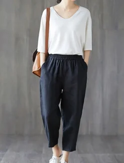 Outlet Women's Cotton Linen Shorts Capri shorts Baggy Pants Streetwear Casual Comfort Capris Mid Waist Plain Pocket Baggy Elastic Drawstring Design Comfort Breathability Soft Micro-elastic Vacation Casual Women Pants