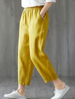 Outlet Women's Cotton Linen Shorts Capri shorts Baggy Pants Streetwear Casual Comfort Capris Mid Waist Plain Pocket Baggy Elastic Drawstring Design Comfort Breathability Soft Micro-elastic Vacation Casual Women Pants
