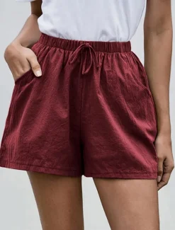 Sale Women's Cotton Linen Shorts Shorts Fashion Streetwear Short Natural Plain Pocket Elastic Drawstring Design Comfy Outdoor Comfortable Street Daily Wear Going out Wine Dark Brown Army Green Dark Navy Women Pants