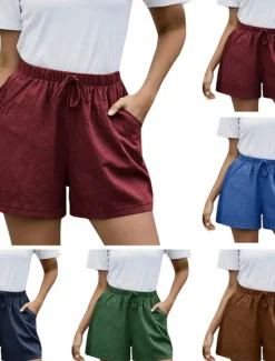 Sale Women's Cotton Linen Shorts Shorts Fashion Streetwear Short Natural Plain Pocket Elastic Drawstring Design Comfy Outdoor Comfortable Street Daily Wear Going out Wine Dark Brown Army Green Dark Navy Women Pants
