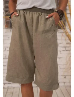 Online Women's Cotton Linen Shorts Shorts Slacks Streetwear Casual Short Natural Plain Pocket Breathability Soft Micro-elastic Outdoor Daily Wear Navy Black White Army Green Summer Regular Fit Women Pants