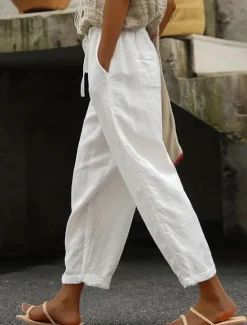 Online Women's Cotton Linen Shorts Linen-Inspired Pants Cotton Linen Pants Simple Classic & Timeless Full Length High Waist Solid Color Patchwork Pocket Drawstring Comfy Quick Dry Breathability Micro-elastic Women Pants