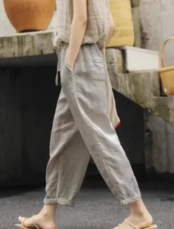 Online Women's Cotton Linen Shorts Linen-Inspired Pants Cotton Linen Pants Simple Classic & Timeless Full Length High Waist Solid Color Patchwork Pocket Drawstring Comfy Quick Dry Breathability Micro-elastic Women Pants