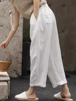 Online Women's Cotton Linen Shorts Linen-Inspired Pants Cotton Linen Pants Simple Classic & Timeless Full Length High Waist Solid Color Patchwork Pocket Drawstring Comfy Quick Dry Breathability Micro-elastic Women Pants