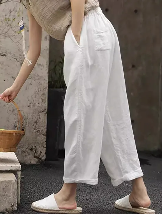 Online Women's Cotton Linen Shorts Linen-Inspired Pants Cotton Linen Pants Simple Classic & Timeless Full Length High Waist Solid Color Patchwork Pocket Drawstring Comfy Quick Dry Breathability Micro-elastic Women Pants