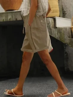 Online Women's Cotton Linen Shorts Wide Leg Shorts Fashion Short Plain Side Pockets Cut Out Comfort Inelastic Vacation Dark Grey White Khaki Light Grey Regular Fit Women Pants