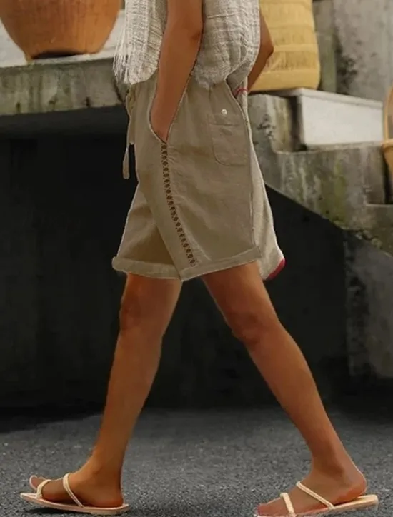 Online Women's Cotton Linen Shorts Wide Leg Shorts Fashion Short Plain Side Pockets Cut Out Comfort Inelastic Vacation Dark Grey White Khaki Light Grey Regular Fit Women Pants