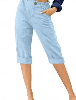 Hot Women's Cotton Linen Shorts Linen-Inspired Pants Cotton Linen Pants Fashion Streetwear Calf-Length Medium Waist Plain Pocket Comfy Soft Comfortable Micro-elastic Outdoor Street Black Sky Blue Khaki Women Pants