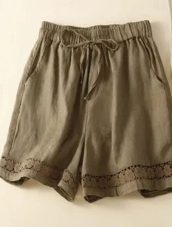 Best Women's Cotton Linen Shorts Shorts Slacks Casual Short Natural Plain Pocket Elastic Drawstring Design Comfy Comfortable Outdoor Going out Black Ginger Green almond Summer Regular Fit Women Pants