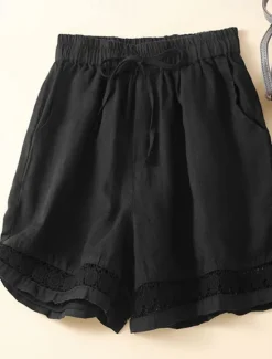 Best Women's Cotton Linen Shorts Shorts Slacks Casual Short Natural Plain Pocket Elastic Drawstring Design Comfy Comfortable Outdoor Going out Black Ginger Green almond Summer Regular Fit Women Pants