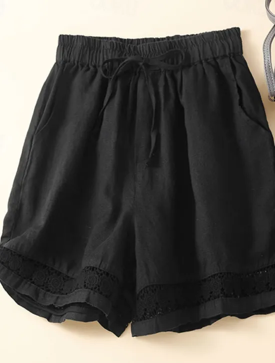 Best Women's Cotton Linen Shorts Shorts Slacks Casual Short Natural Plain Pocket Elastic Drawstring Design Comfy Comfortable Outdoor Going out Black Ginger Green almond Summer Regular Fit Women Pants