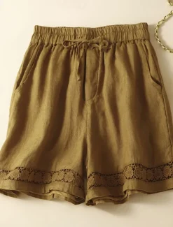 Best Women's Cotton Linen Shorts Shorts Slacks Casual Short Natural Plain Pocket Elastic Drawstring Design Comfy Comfortable Outdoor Going out Black Ginger Green almond Summer Regular Fit Women Pants