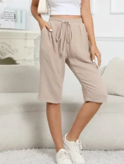 Discount Women's Cotton Linen Shorts Shorts Lightweight Casual Knee Length Mid Rise Plain Pocket Drawstring Breathability Comfortable Inelastic Casual Daily Weekend Navy Black White Khaki Summer Spring Women Pants