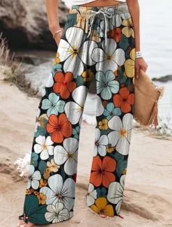 Discount Women's Cotton Linen Wide Leg Chinos Baggy Pants Active Vacation Full Length High Waist Floral Elastic Waistband Printing Comfy Soft Comfortable Micro-elastic Outdoor Street Navy-blue Royal Blue Women Pants