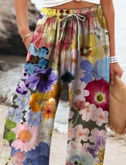 Discount Women's Cotton Linen Wide Leg Chinos Baggy Pants Active Vacation Full Length High Waist Floral Elastic Waistband Printing Comfy Soft Comfortable Micro-elastic Outdoor Street Navy-blue Royal Blue Women Pants