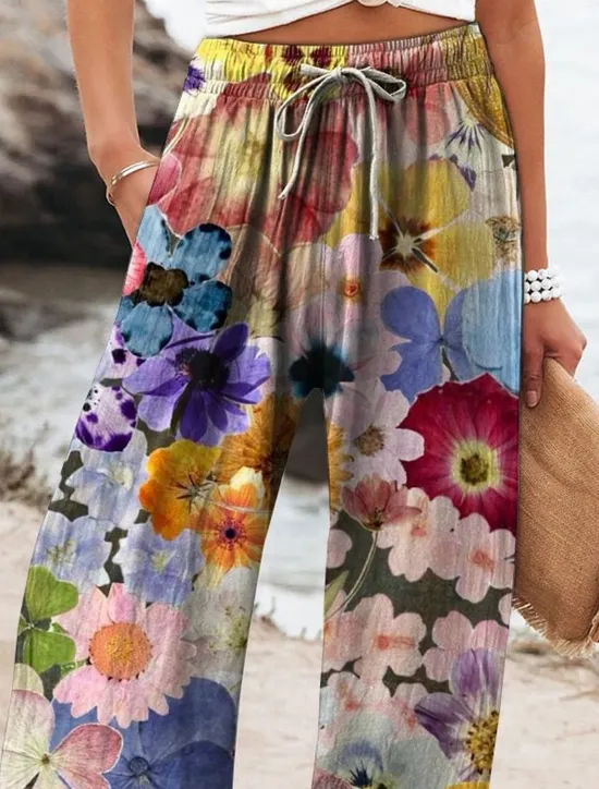 Discount Women's Cotton Linen Wide Leg Chinos Baggy Pants Active Vacation Full Length High Waist Floral Elastic Waistband Printing Comfy Soft Comfortable Micro-elastic Outdoor Street Navy-blue Royal Blue Women Pants