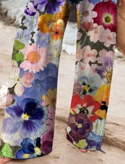 Discount Women's Cotton Linen Wide Leg Chinos Baggy Pants Active Vacation Full Length High Waist Floral Elastic Waistband Printing Comfy Soft Comfortable Micro-elastic Outdoor Street Navy-blue Royal Blue Women Pants
