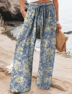 Discount Women's Cotton Linen Wide Leg Chinos Baggy Pants Active Vacation Full Length High Waist Floral Elastic Waistband Printing Comfy Soft Comfortable Micro-elastic Outdoor Street Navy-blue Royal Blue Women Pants