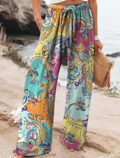 Discount Women's Cotton Linen Wide Leg Chinos Baggy Pants Active Vacation Full Length High Waist Floral Elastic Waistband Printing Comfy Soft Comfortable Micro-elastic Outdoor Street Navy-blue Royal Blue Women Pants