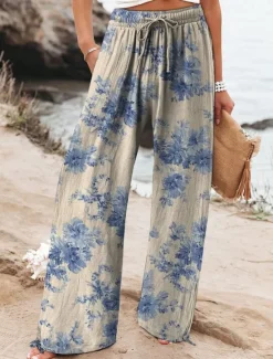 Discount Women's Cotton Linen Wide Leg Chinos Baggy Pants Active Vacation Full Length High Waist Floral Elastic Waistband Printing Comfy Soft Comfortable Micro-elastic Outdoor Street Navy-blue Royal Blue Women Pants