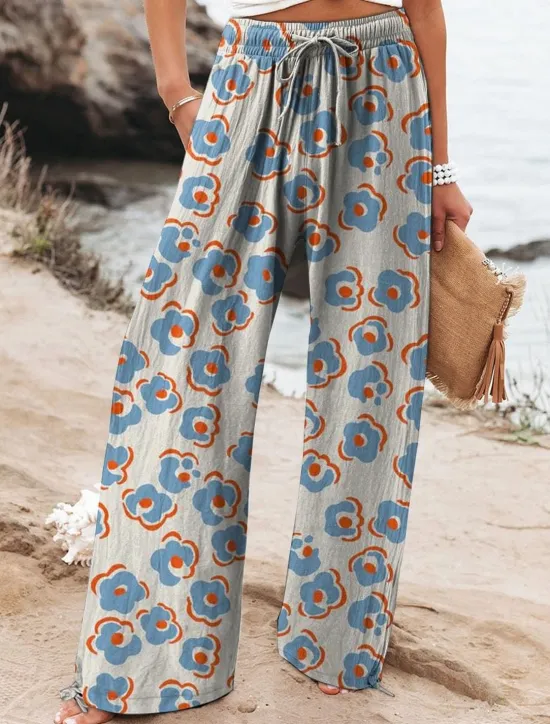 Discount Women's Cotton Linen Wide Leg Chinos Baggy Pants Active Vacation Full Length High Waist Floral Elastic Waistband Printing Comfy Soft Comfortable Micro-elastic Outdoor Street Navy-blue Royal Blue Women Pants