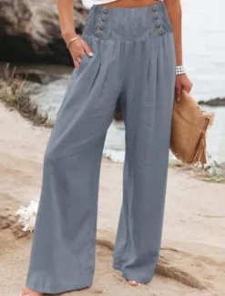 Outlet Women's Cotton Linen Wide Leg Solid Color Chinos Baggy Pants Basic Casual Full Length High Waist Plain Elastic Waistband Comfy Soft Comfortable Micro-elastic Outdoor Street Beach Women Pants|Pants