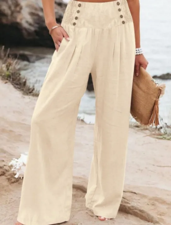 Outlet Women's Cotton Linen Wide Leg Solid Color Chinos Baggy Pants Basic Casual Full Length High Waist Plain Elastic Waistband Comfy Soft Comfortable Micro-elastic Outdoor Street Beach Women Pants|Pants