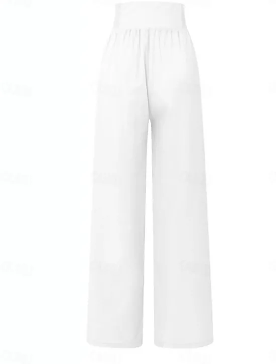 Outlet Women's Cotton Linen Wide Leg Solid Color Chinos Baggy Pants Basic Casual Full Length High Waist Plain Elastic Waistband Comfy Soft Comfortable Micro-elastic Outdoor Street Beach Women Pants|Pants