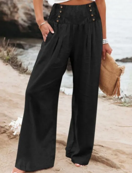 Outlet Women's Cotton Linen Wide Leg Solid Color Chinos Baggy Pants Basic Casual Full Length High Waist Plain Elastic Waistband Comfy Soft Comfortable Micro-elastic Outdoor Street Beach Women Pants|Pants