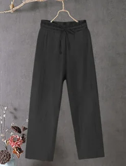 Women's Cotton Linen Wide Leg Solid Color Chinos Baggy Pants Basic Casual Full Length High Waist Plain Drawstring Comfort Outdoor Micro-elastic Vacation Street Daily Black White Blue Khaki Women Pants