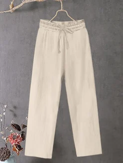 Women's Cotton Linen Wide Leg Solid Color Chinos Baggy Pants Basic Casual Full Length High Waist Plain Drawstring Comfort Outdoor Micro-elastic Vacation Street Daily Black White Blue Khaki Women Pants