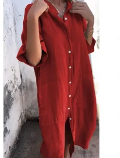 Hot Women's Cotton Midi Dress Athletic Dress Casual Cocktail Office Date Regular Fit Plain Half Sleeve Shirt Collar Black Red Blue Orange Summer Women Dresses